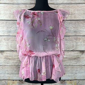 Pink Floral Sheer Ruffle Sleeve Blouse Size S NWT